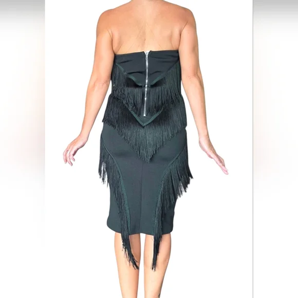 Emerald‎ Green Strapless Fringe Mini Dress Sz M Bandage Fitted Sweetheart Neck - Picture 4 of 11